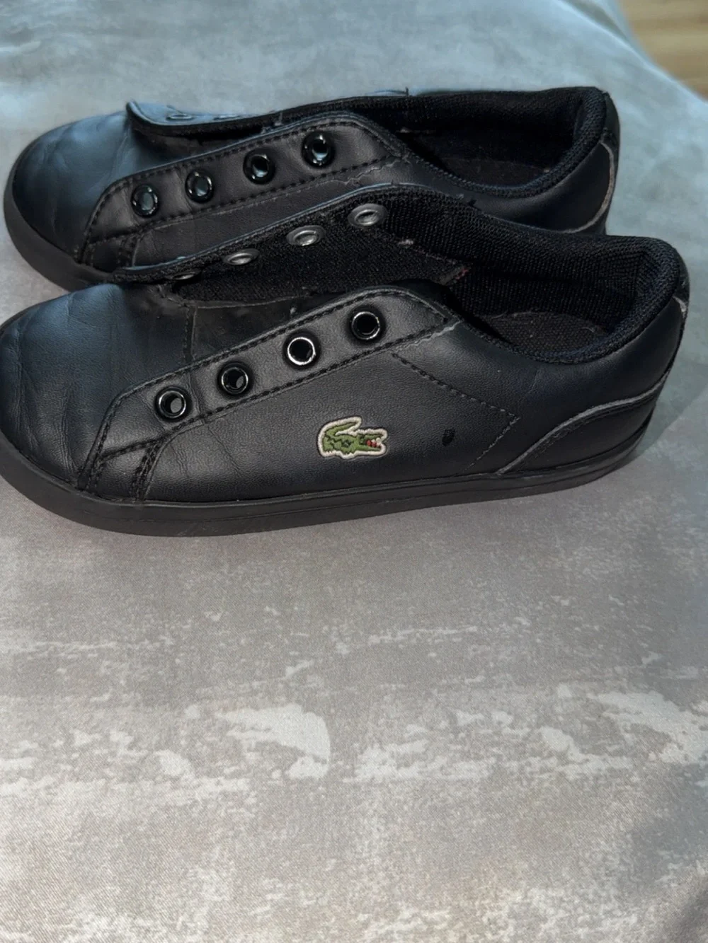 Kid’s Lacoste Black Slip-On Leather Sneakers with Green Croc Emblem